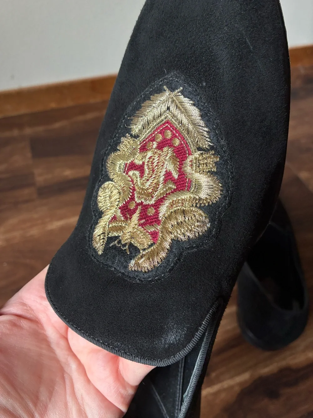 Roberto Cavalli Black Suede Embroidered Crest Smoking Slipper Loafers Size:EU 45